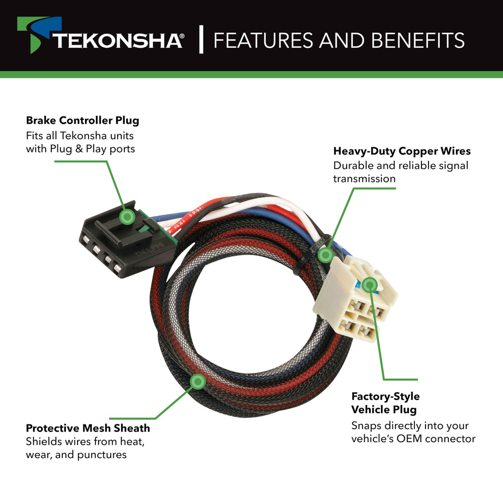 Protected copper wires with braided shield safeguard against nicks and heat in Tekonsha harness.