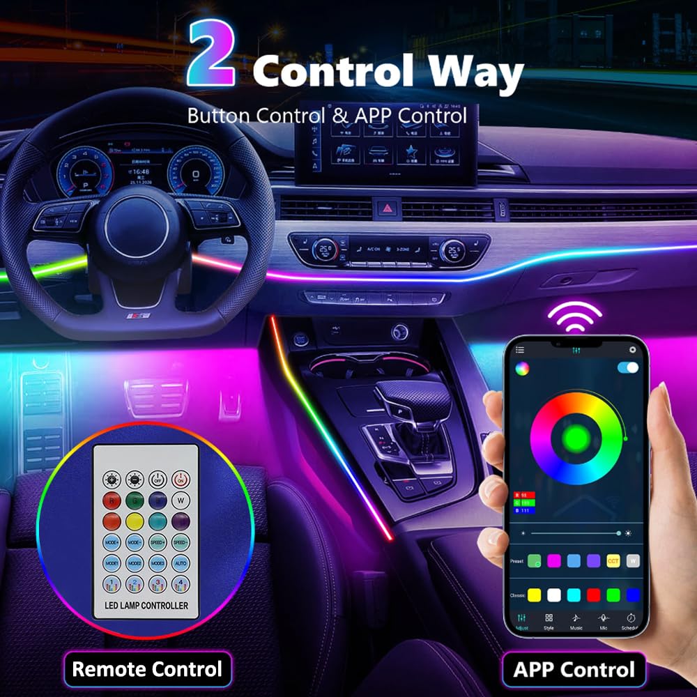 TEKSHINNY music-reactive LED strip syncs to beats for engaging in-car ambiance.