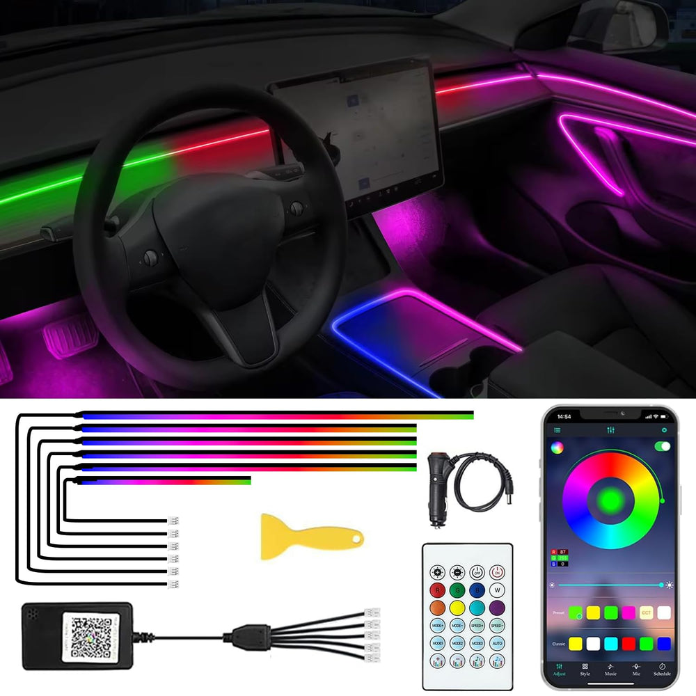 TEKSHINNY remote-controlled interior LED strip enables quick color changes for car mood.
