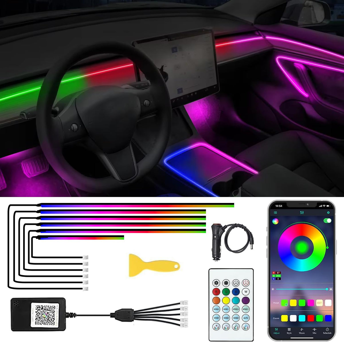 TEKSHINNY remote-controlled interior LED strip enables quick color changes for car mood.