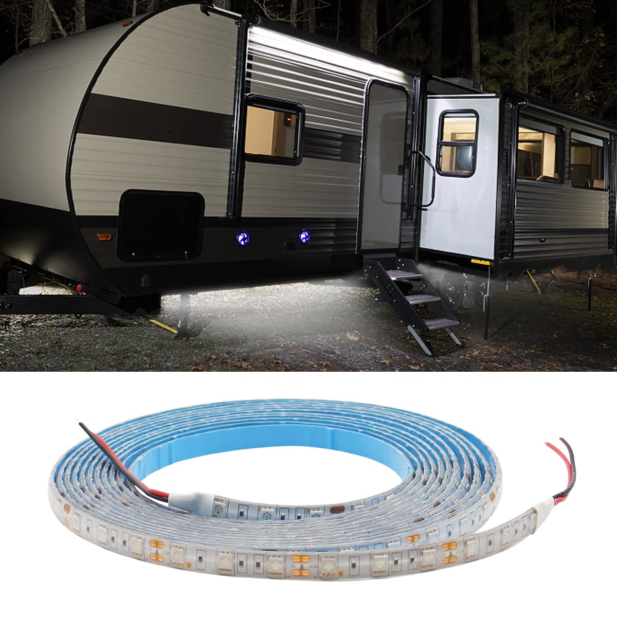 Tekshinny RV underglow LED strip providing white exterior lighting for evening ambiance