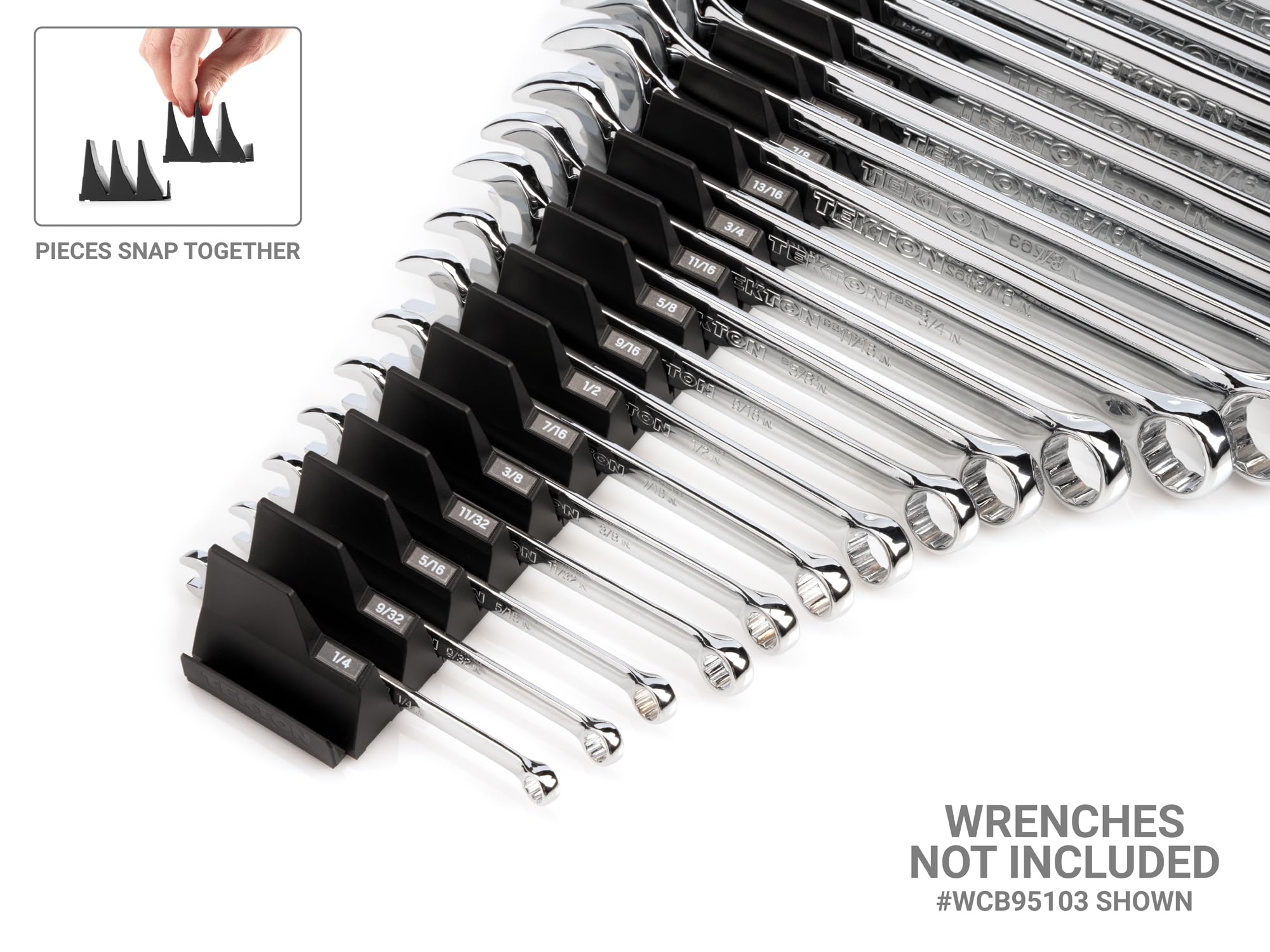 TEKTON small 3-tab wrench organizers, two tools per slot for quick access.