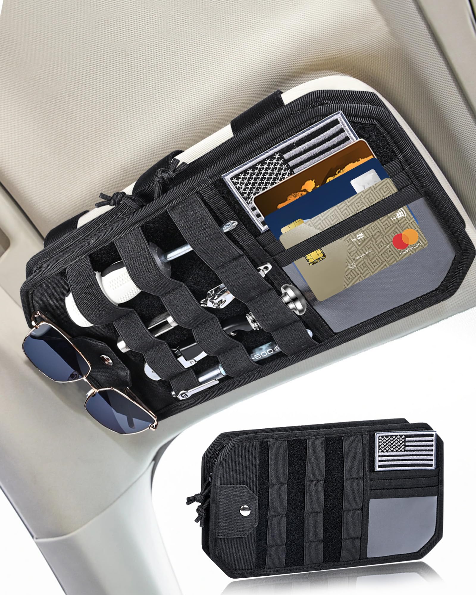 Telawsfun heavy-duty molle car sun visor organizer with flag clip keeps essentials within reach.