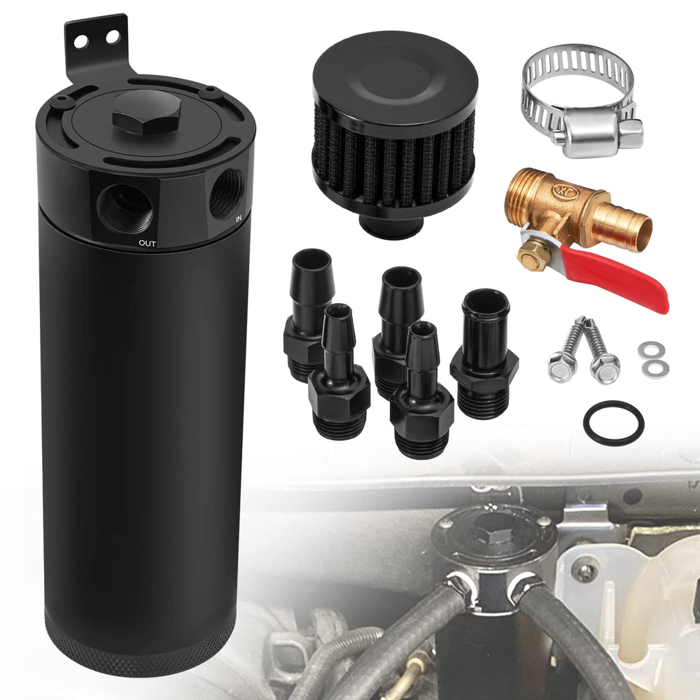 TEMSONE universal 2-port aluminum oil catch can with baffled design for cleaner PCV air.