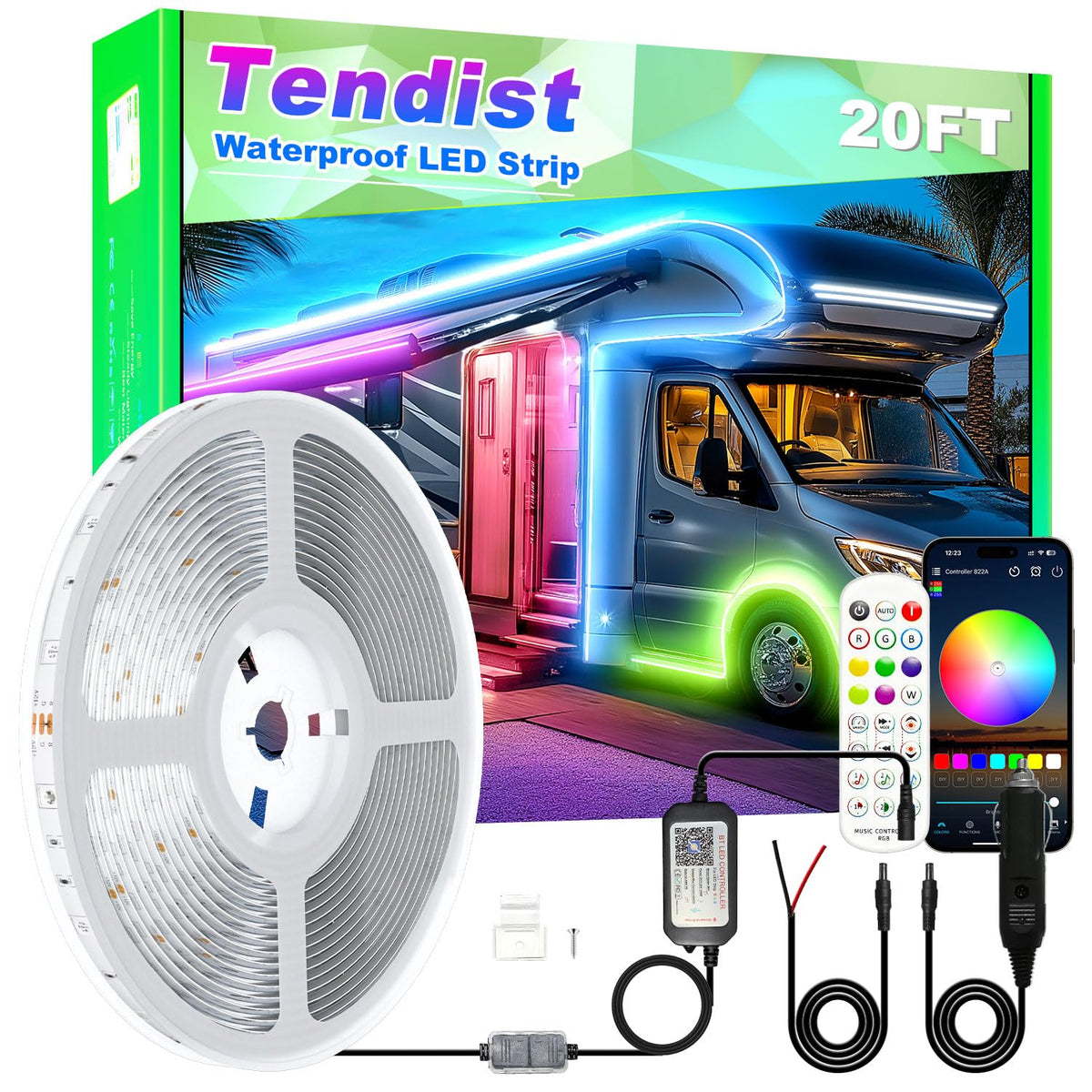 TENDIST awning LED strip, 20ft setup for bright exterior lighting on RV canopy