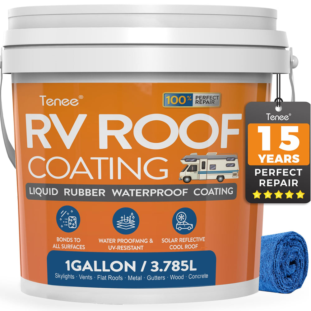 Tenee RV Roof Sealant bottle showing easy one-gallon can for leak protection