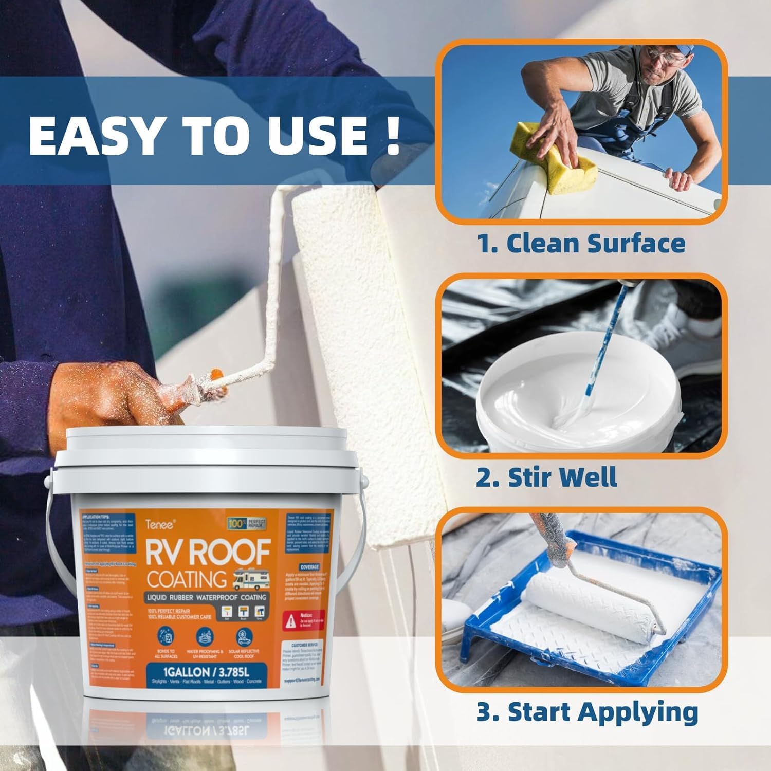 Coverage chart illustrating 50 sq ft per gallon for Tenee RV Roof Sealant