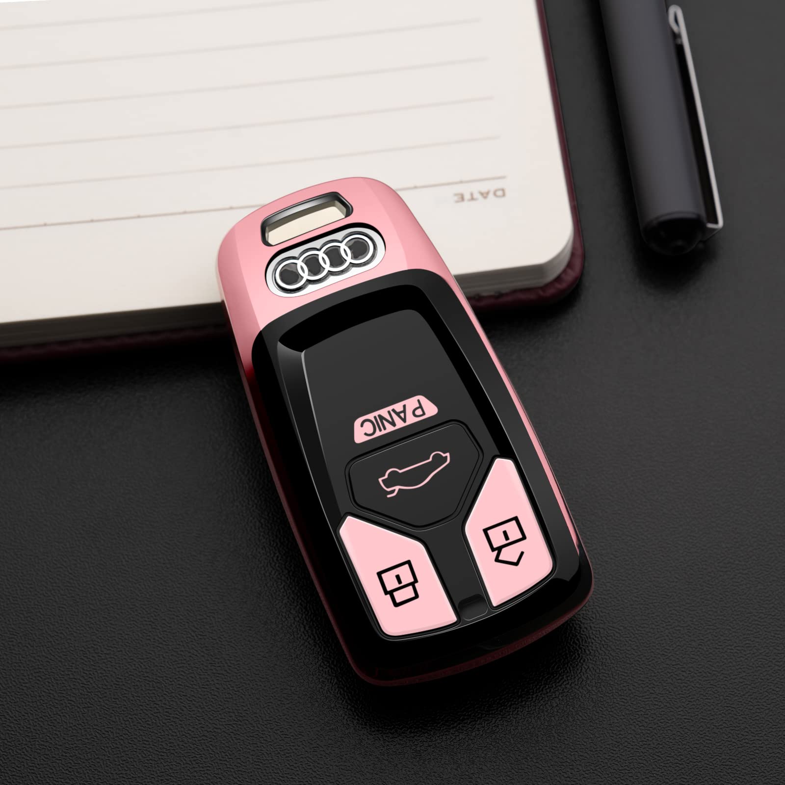 Tengare pink Audi key fob cover, back view, protects from scratches.