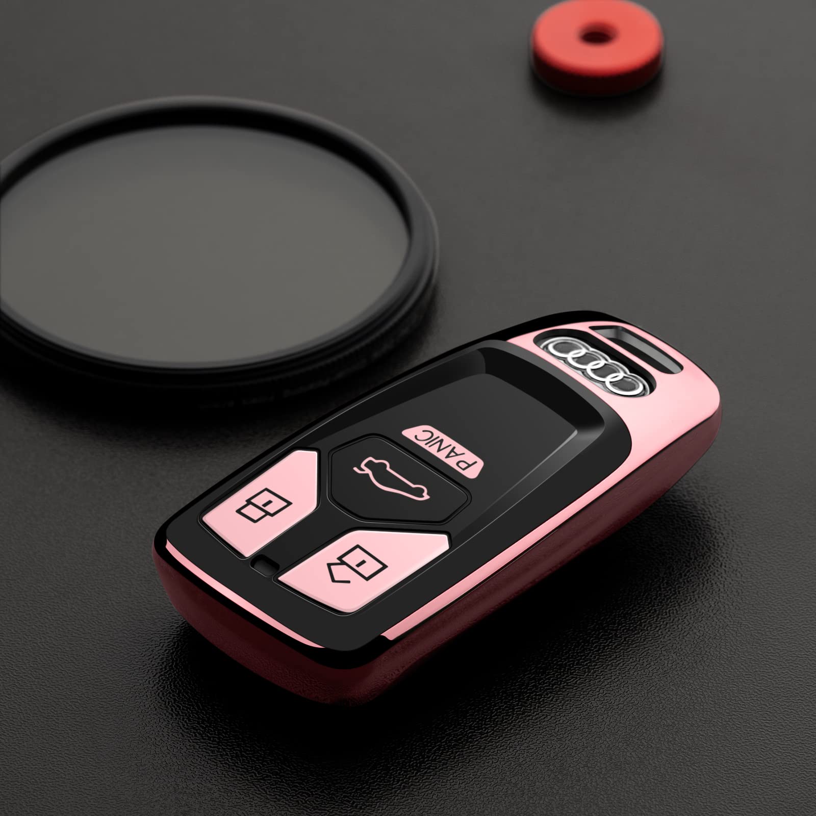 Tengare pink Audi key fob cover, side fit, snug compatibility without signal interference.