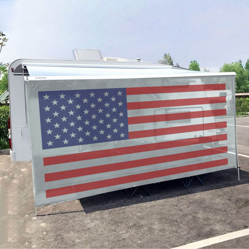 Tentproinc American Flag RV awning sun shade blocks UV while preserving visibility.