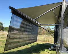 Tentproinc USA flag shade, side view, easy setup beside your trailer.