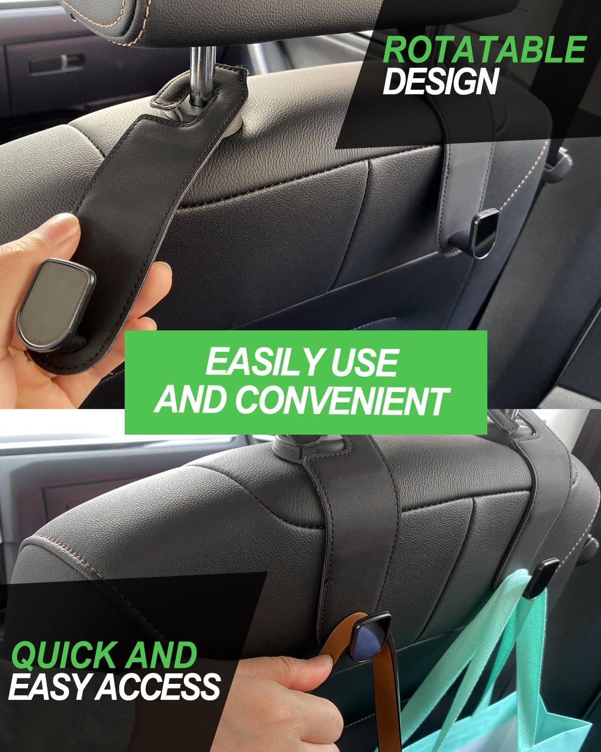 Teoenix leather-wrapped steel hook blends with car interior for sturdy support.