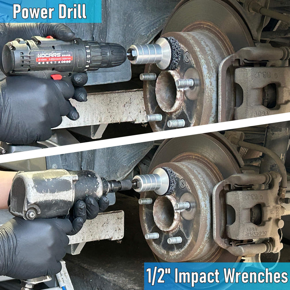 Hard-wearing pads and holder in use with power drill on brake hub