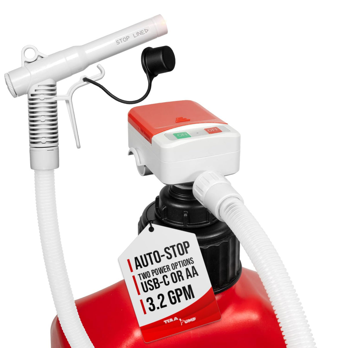 TERA PUMP dual-power auto-stop pump body enables hands-free transfers.