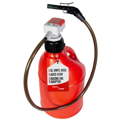 TERA PUMP TRFA01-XL with XL outtake hose reaching bottom of racing fuel cells for full transfer