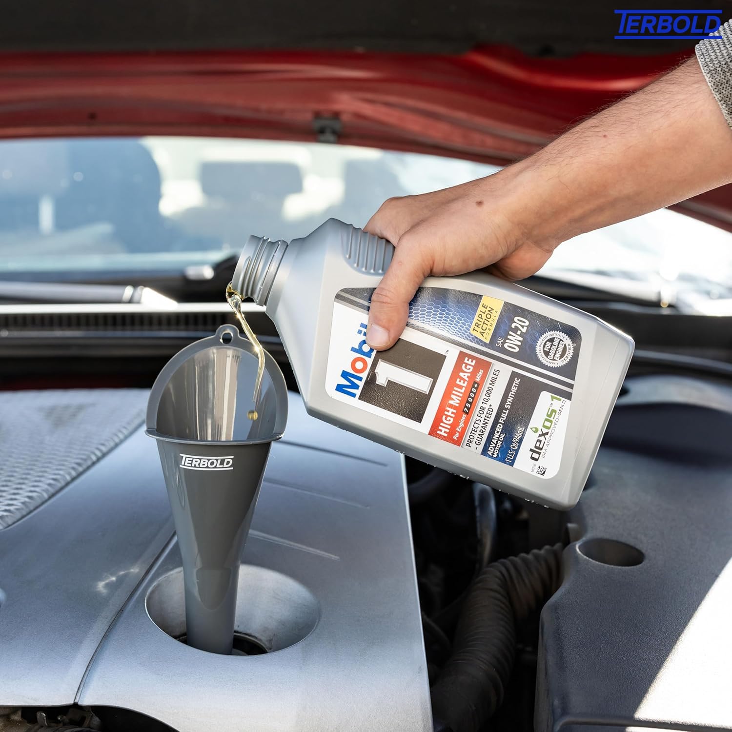 Terbold oil funnel 11-inch long reaches tight engine bays for clean fluid transfer