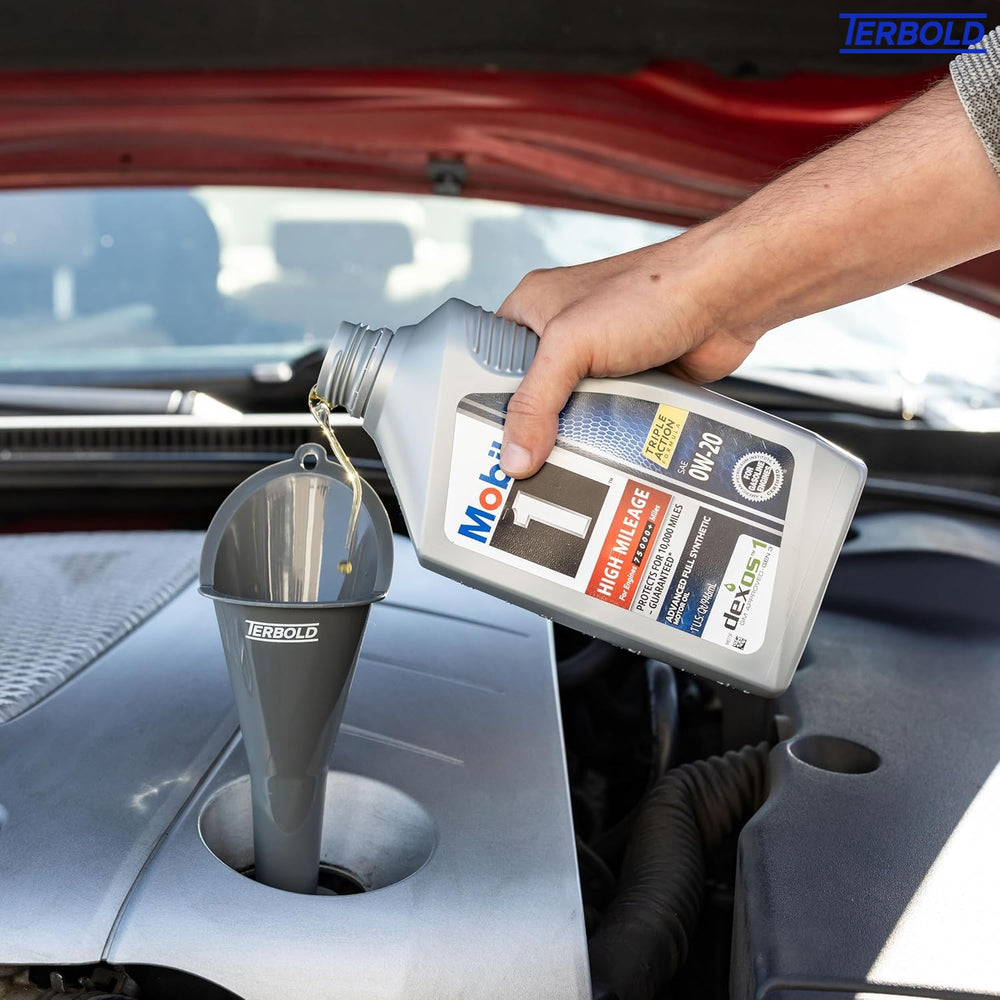 Terbold oil funnel 11-inch long reaches tight engine bays for clean fluid transfer
