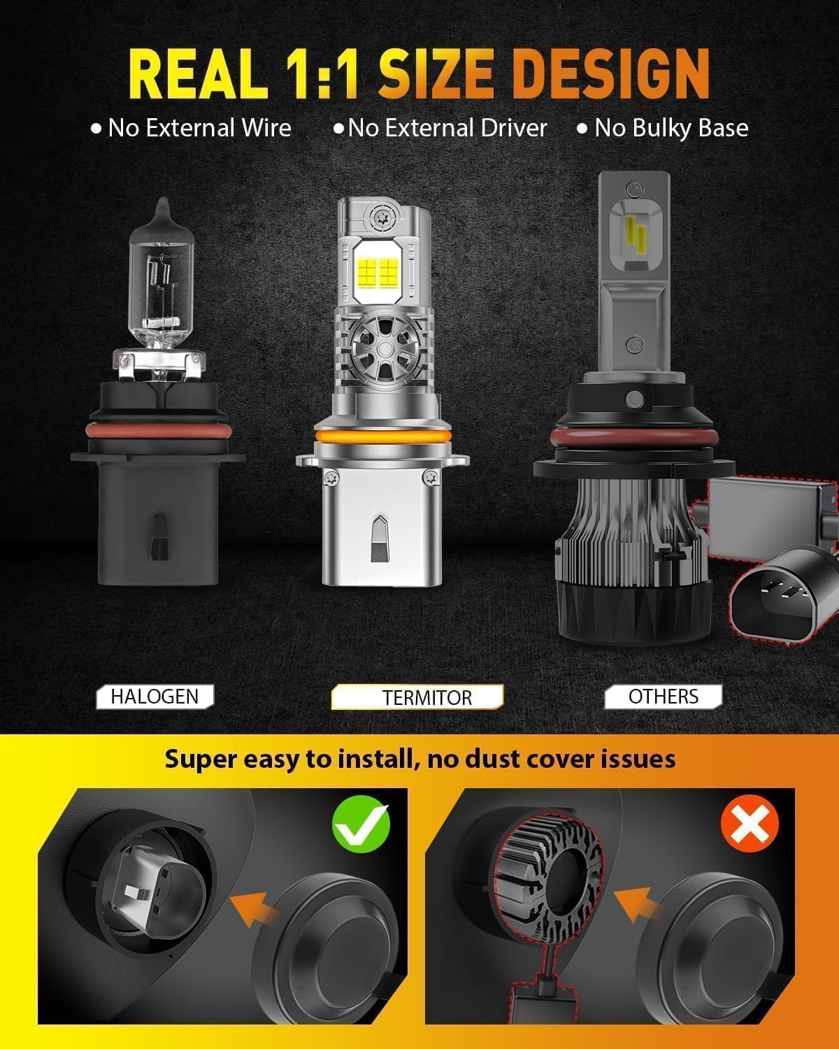 Termitor Brightest 9007 HB5 lights on road with clear contrast and brightness.
