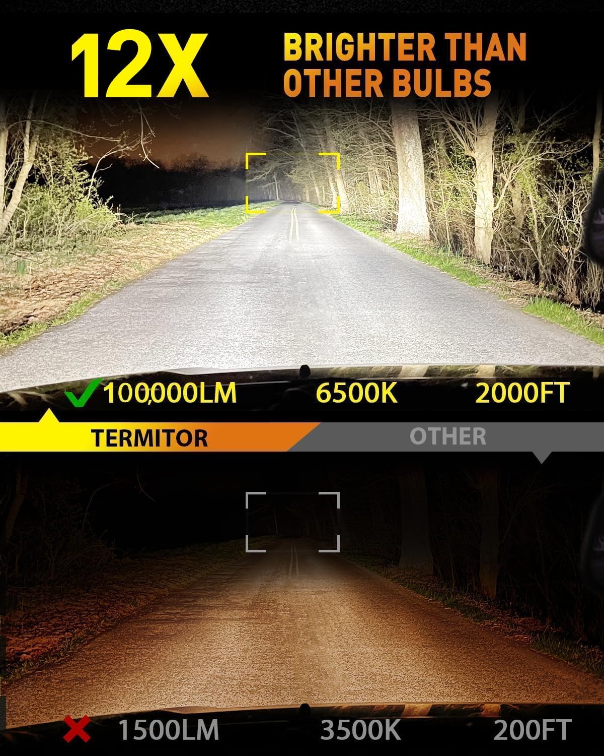 Termitor daylight 6500K bulbs deliver bright, natural white light for confident night driving.
