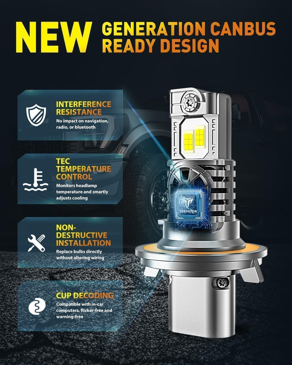 Termitor dual-beam compatible H13-9008 enabling safe nighttime driving