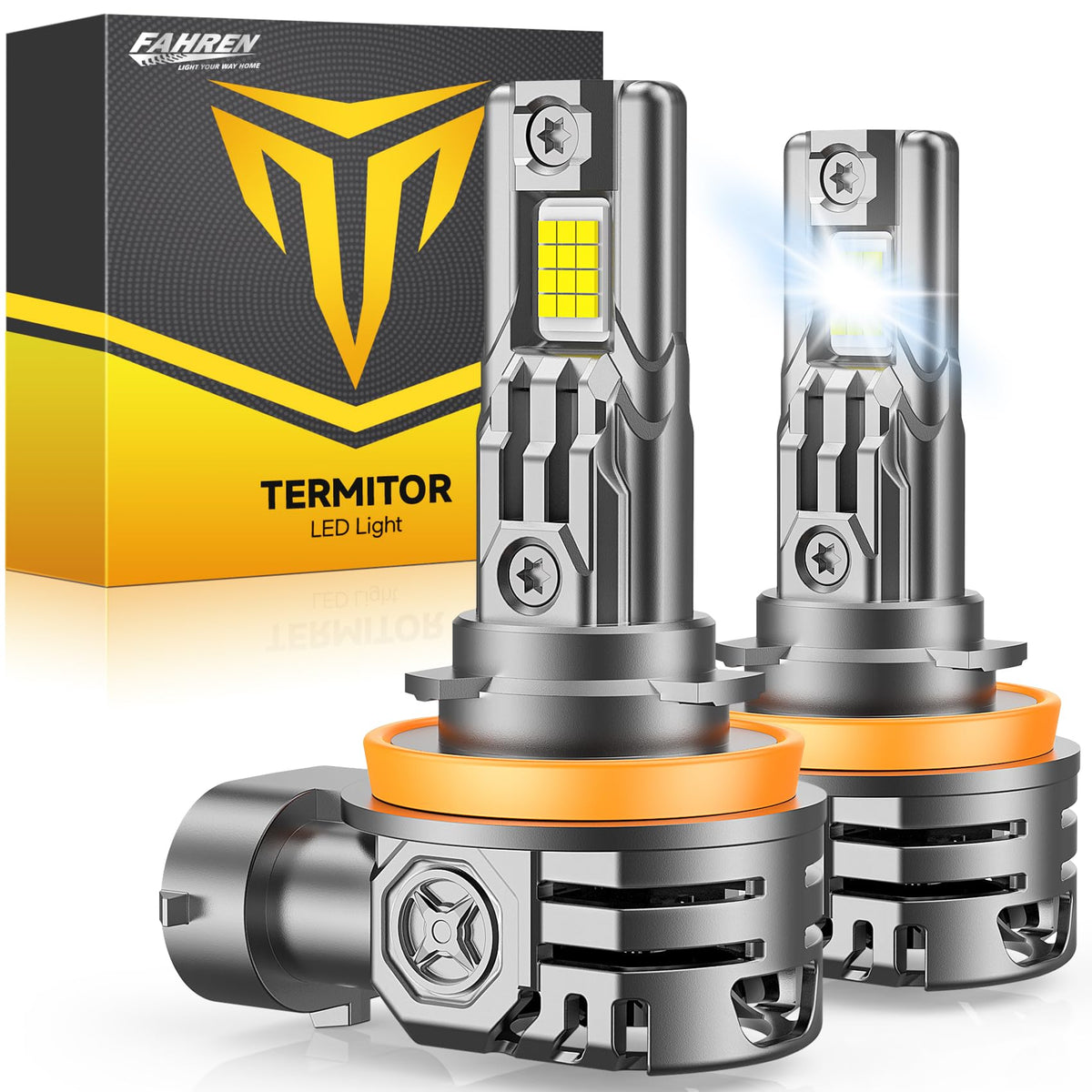 Termitor H11 LED bulbs with high-intensity forward beam for enhanced night visibility.