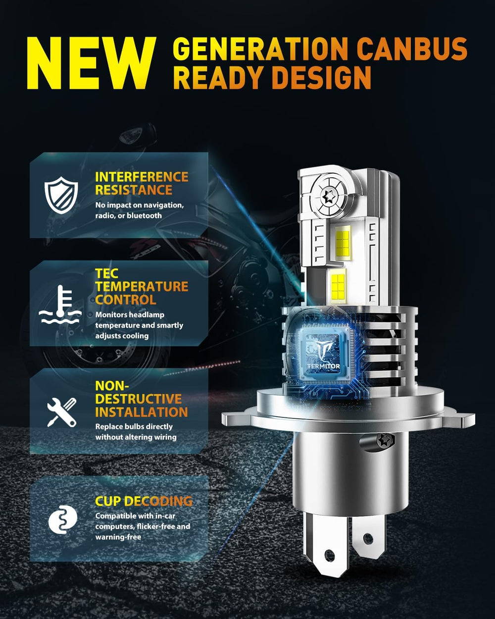 Termitor H4/9003 CANbus-ready headlights reduce flicker on most vehicles.