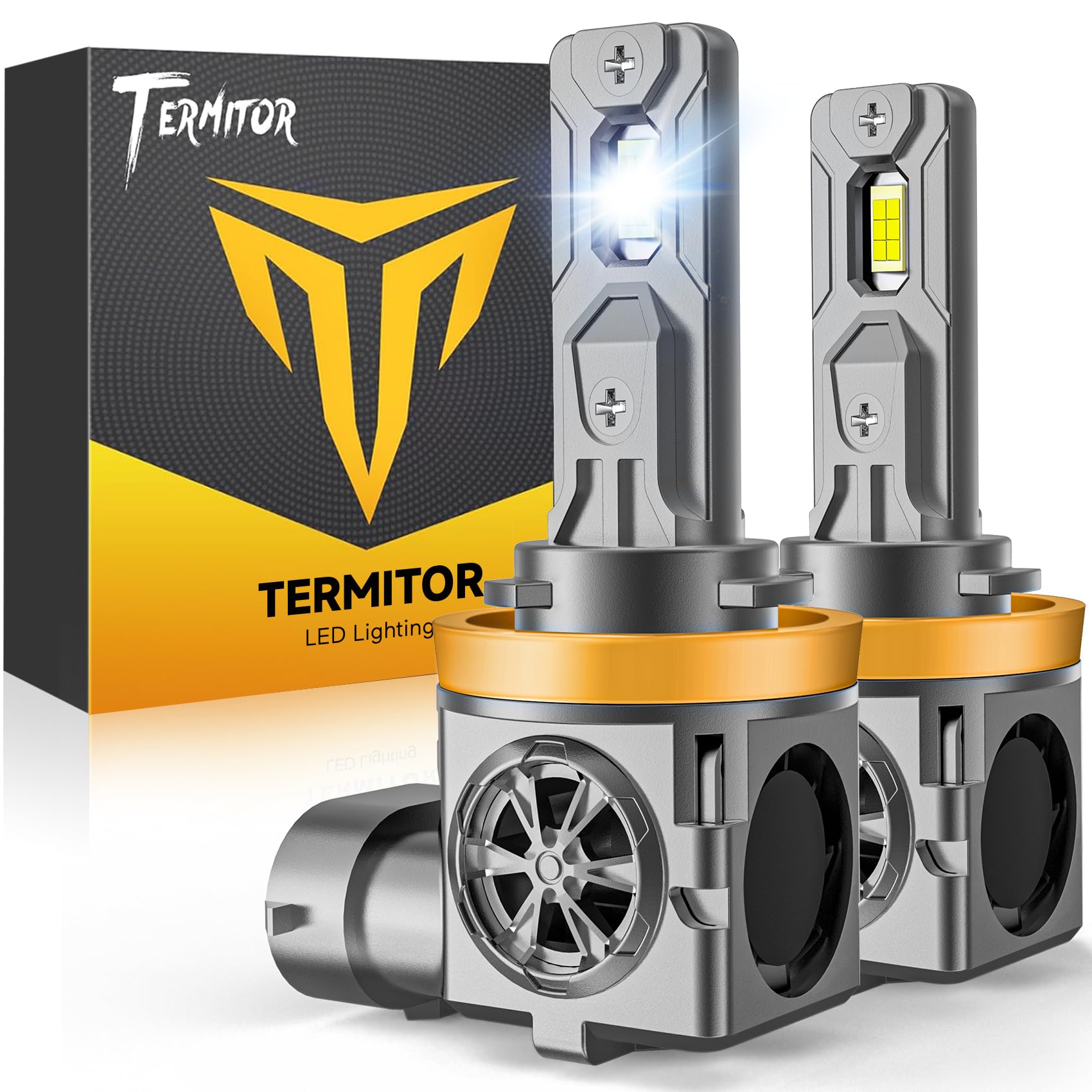 Termitor upgraded H11/H9 bulb close-up shows high-lumen performance for bright night visibility.