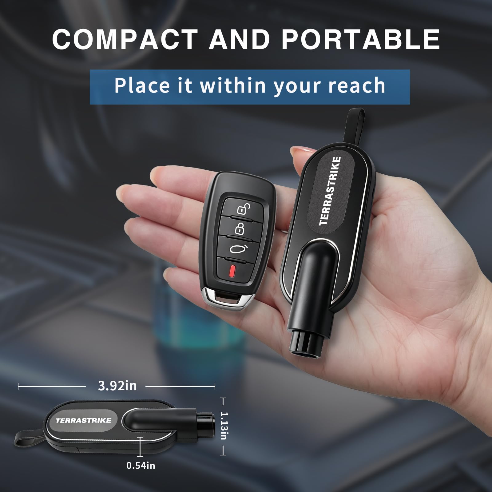 TERRASTRIKE next to car keys showing compact size and easy portability