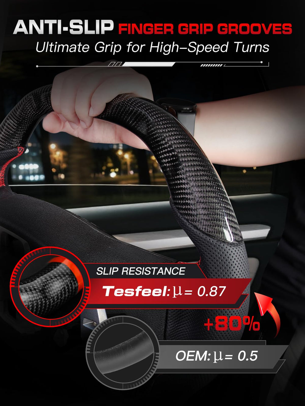 TESFEEL ergonomic grip supports comfortable driving on long trips.