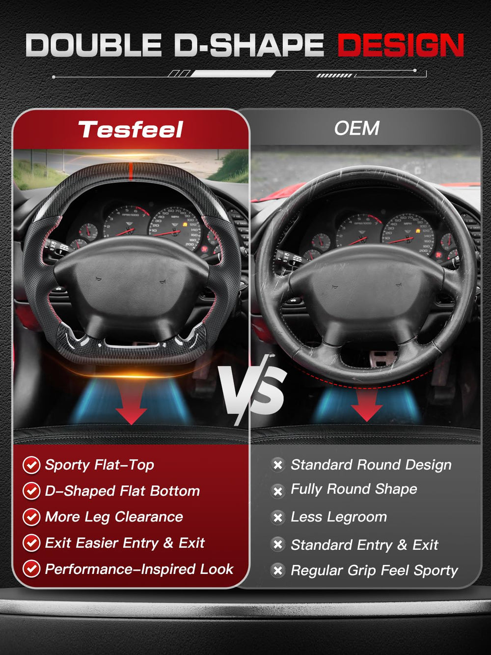TESFEEL ergonomic side grips in breathable leather reduce hand fatigue during long drives.