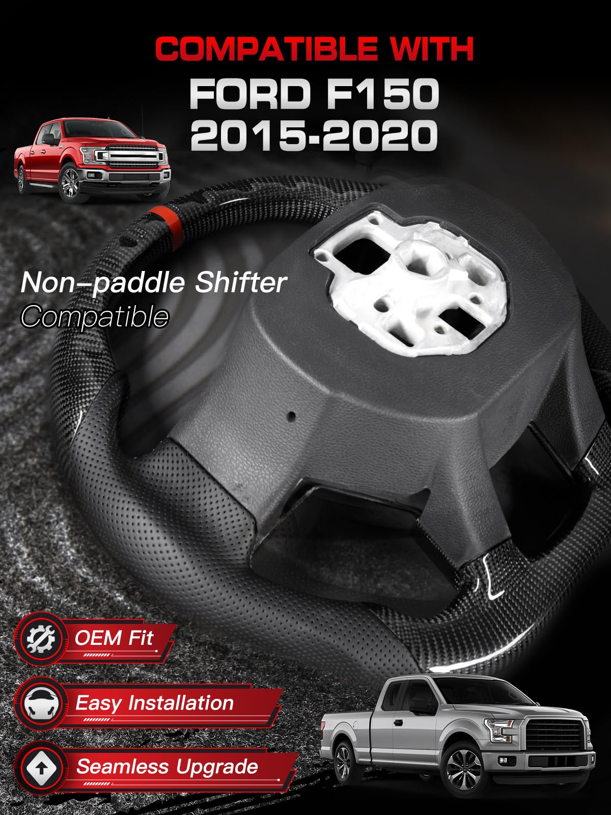 TESFEEL real 3K carbon weave close-up on steering wheel for Ford F-150