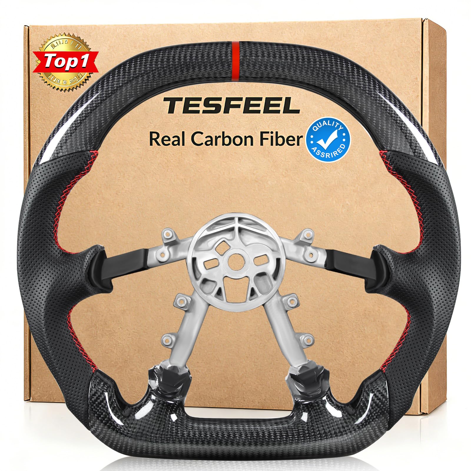 TESFEEL carbon fiber steering wheel with Double D shape for Corvette C5, precise fit.
