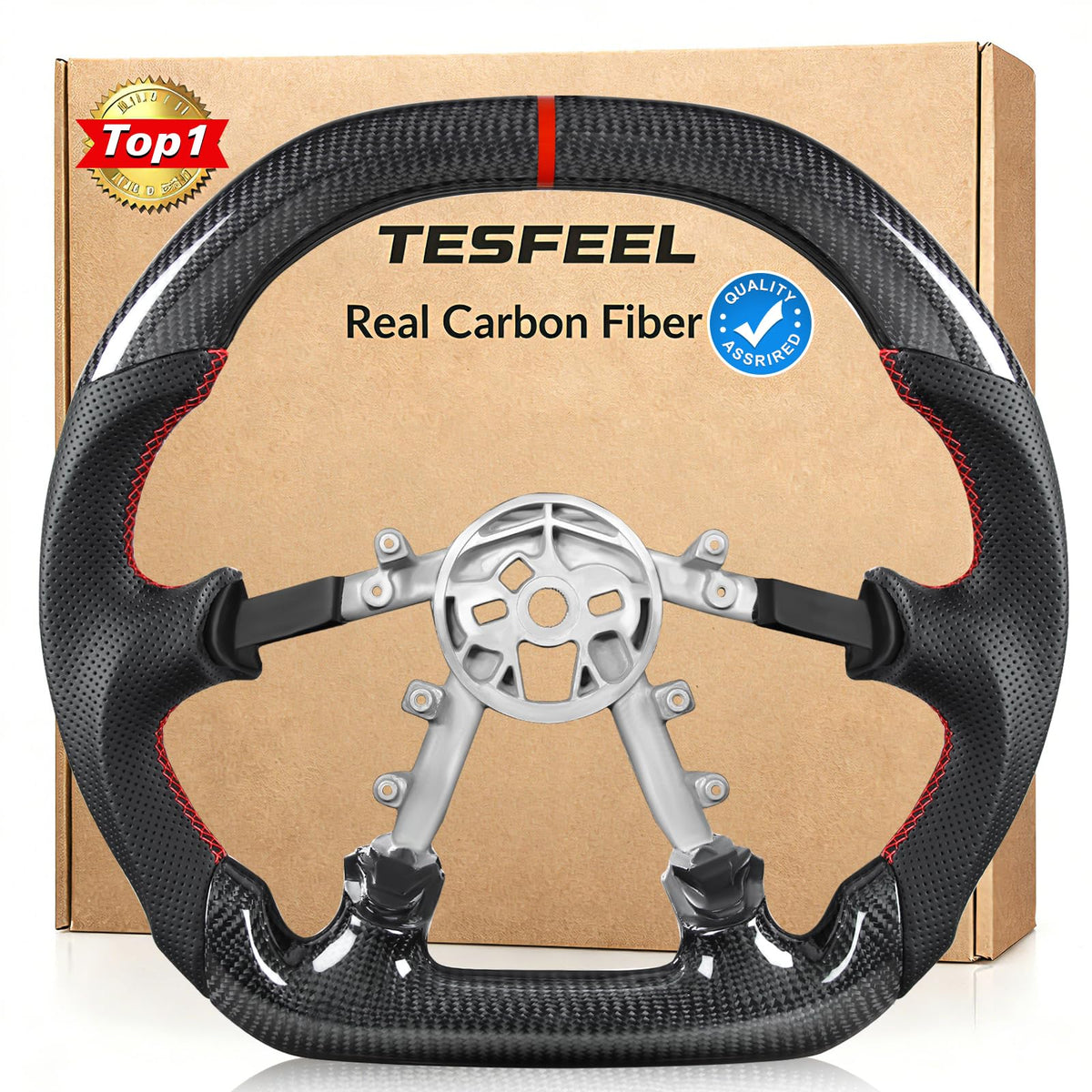 TESFEEL carbon fiber steering wheel with Double D shape for Corvette C5, precise fit.