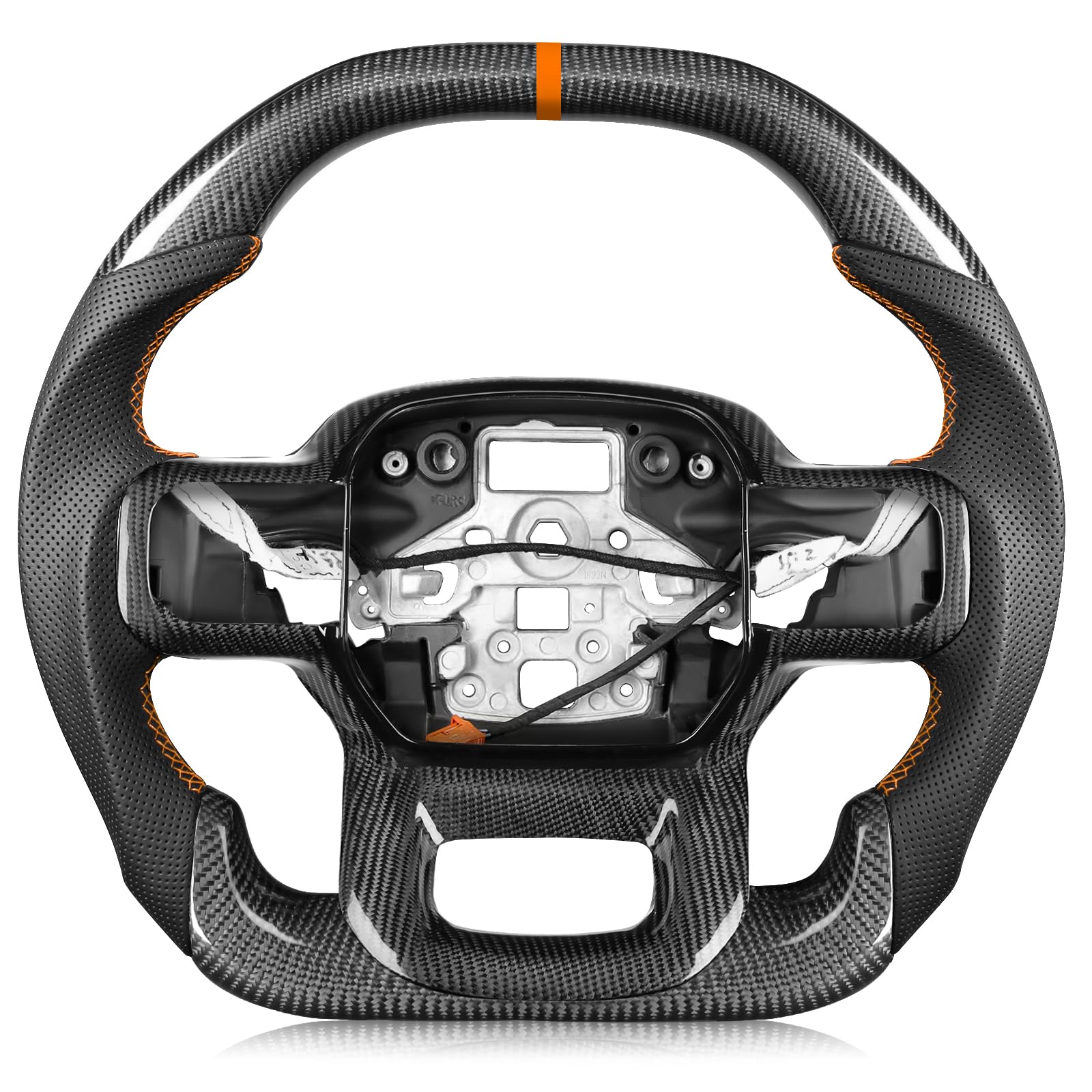 TESFEEL real carbon fiber steering wheel heated for F-150 Raptor Gen3, front view with aggressive look.