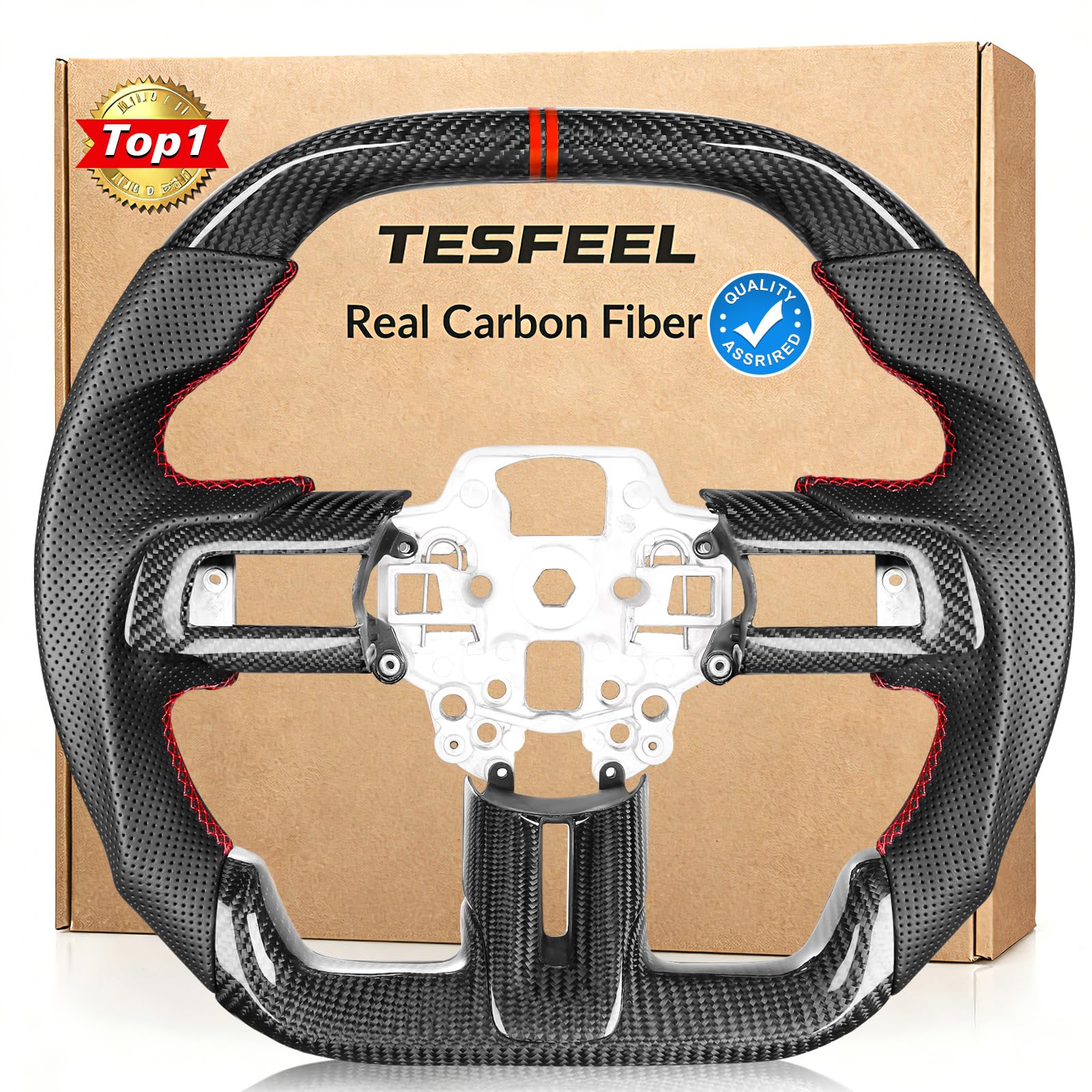 TESFEEL real carbon fiber steering wheel for Mustang enhances grip and interior aesthetics.