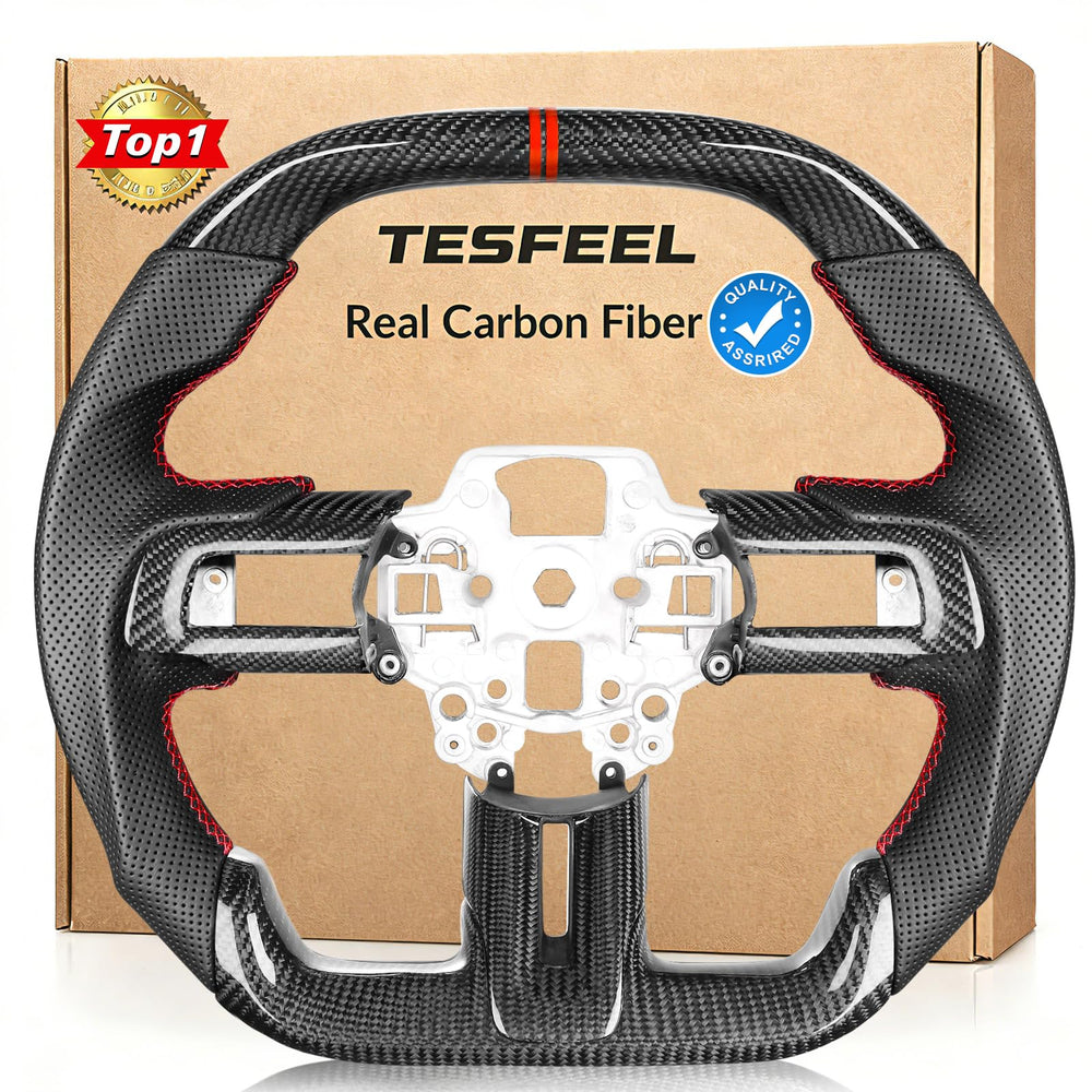 TESFEEL real carbon fiber steering wheel for Mustang enhances grip and interior aesthetics.