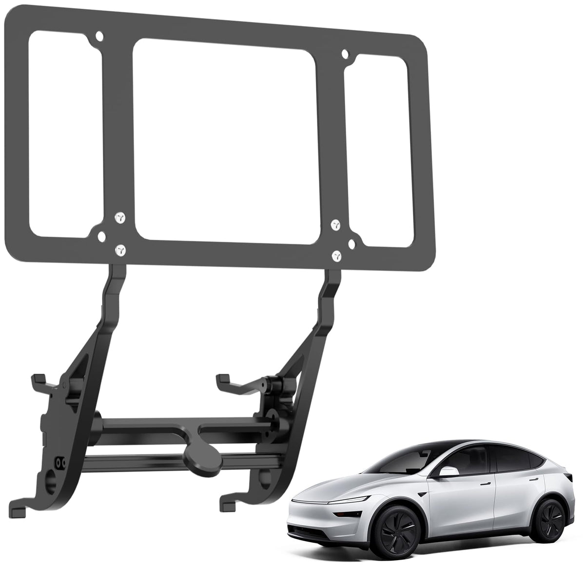 TesFram Model Y Juniper front license plate mount shown for precise fit and clean appearance