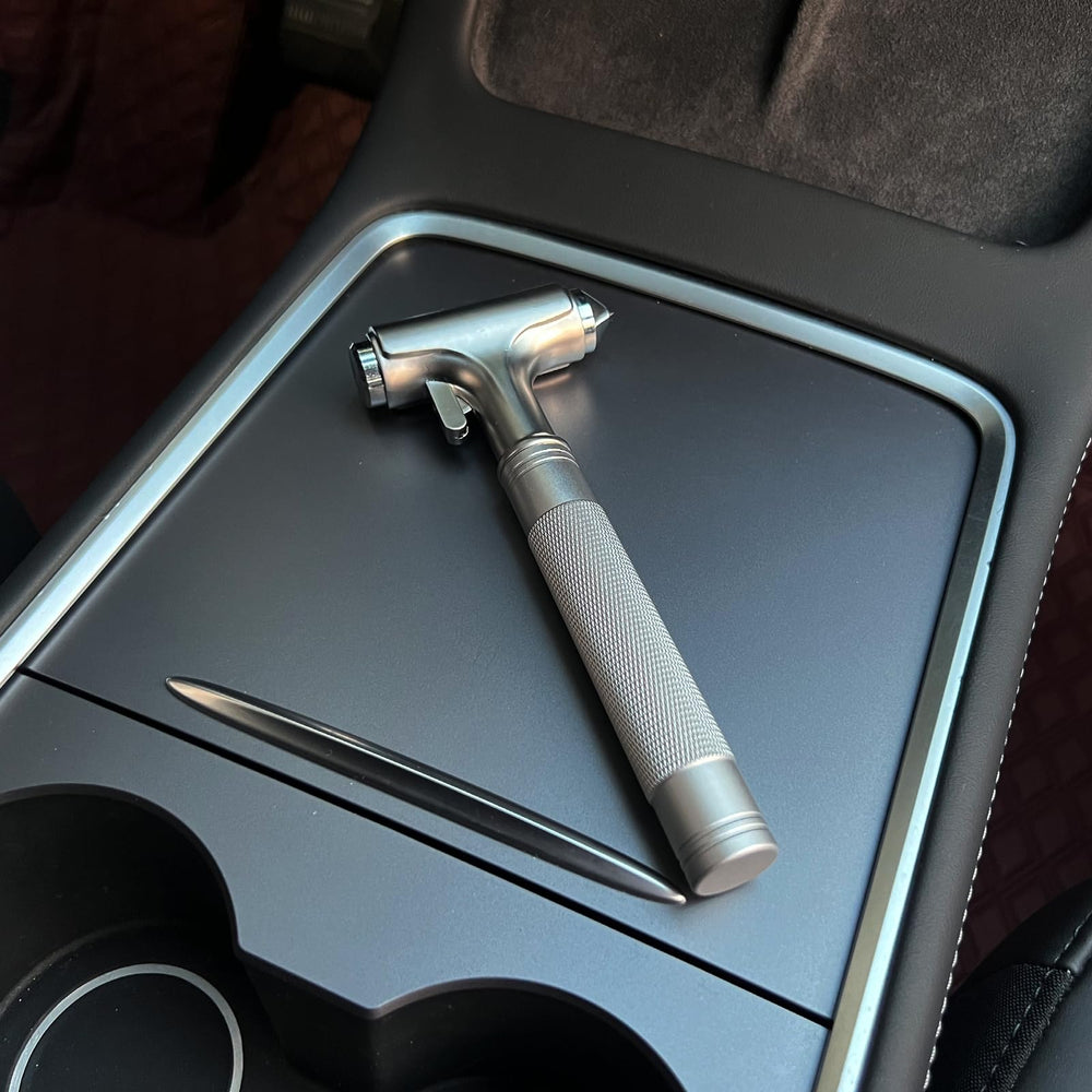 Tesheer Model Y/S/X car accessory with multipurpose rescue tool.