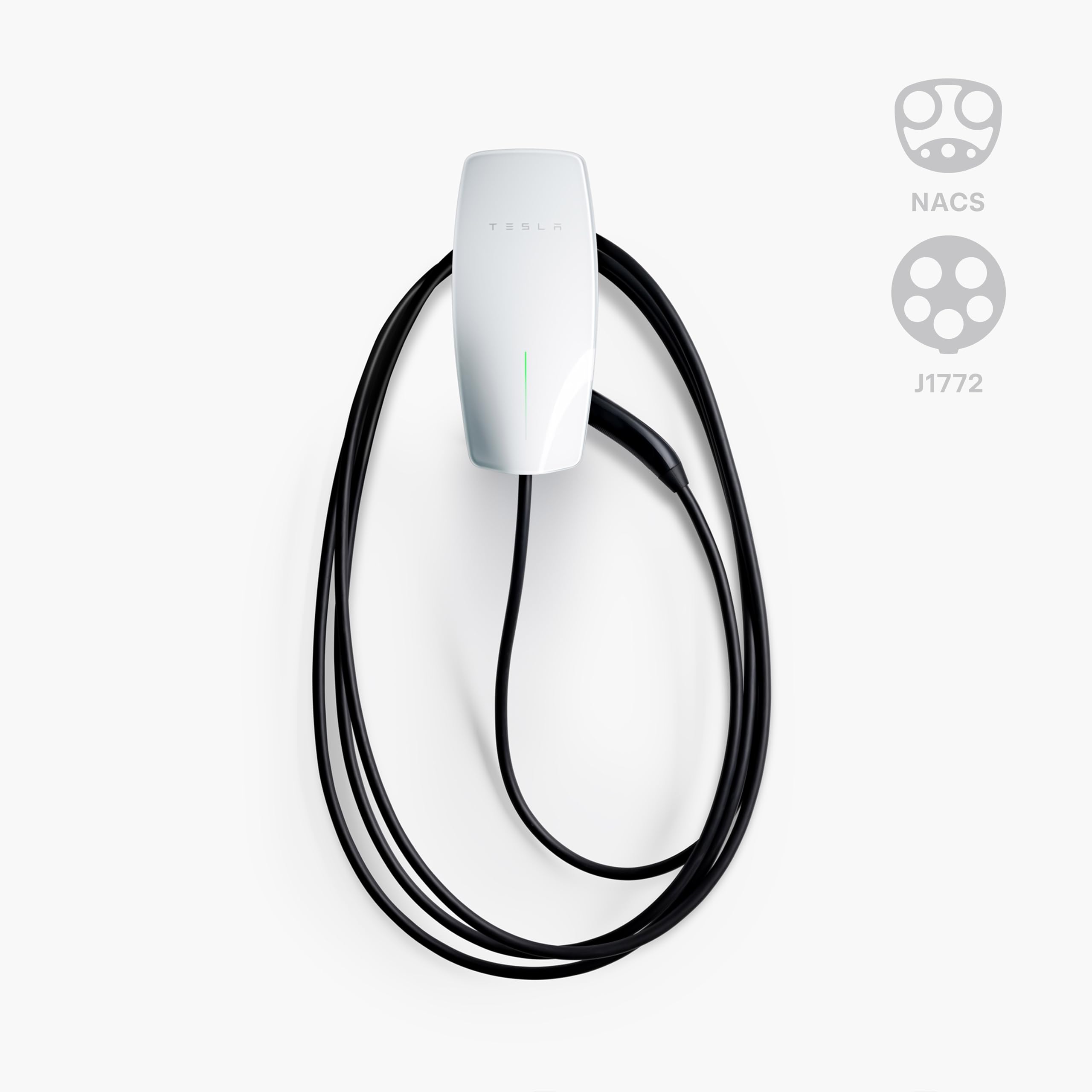 Tesla Universal Wall Connector dual-plug NACS/J1772 supports broad vehicle compatibility.