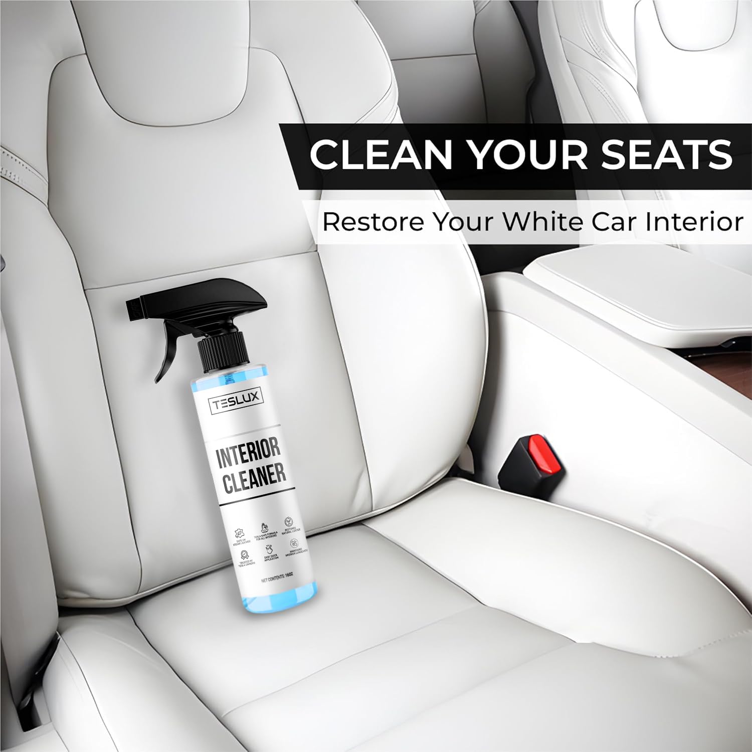 TesLux cleaner on door panel, cutting through grime for a refreshed look.