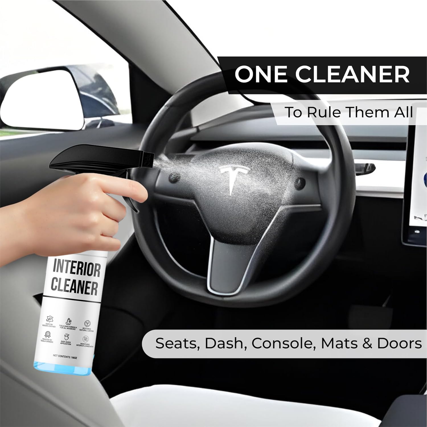 TesLux interior cleaner on seats with vegan leather, restoring texture.