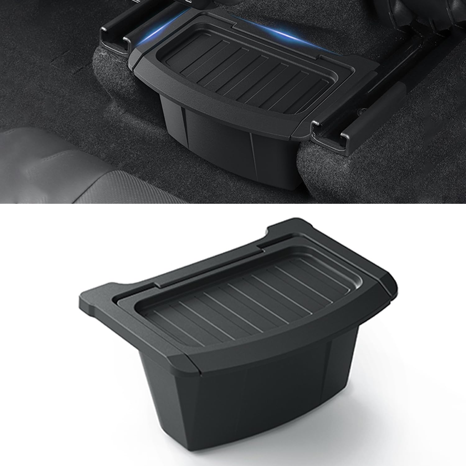 Tesnical rear center storage box for Model Y Juniper, organized space for essentials.