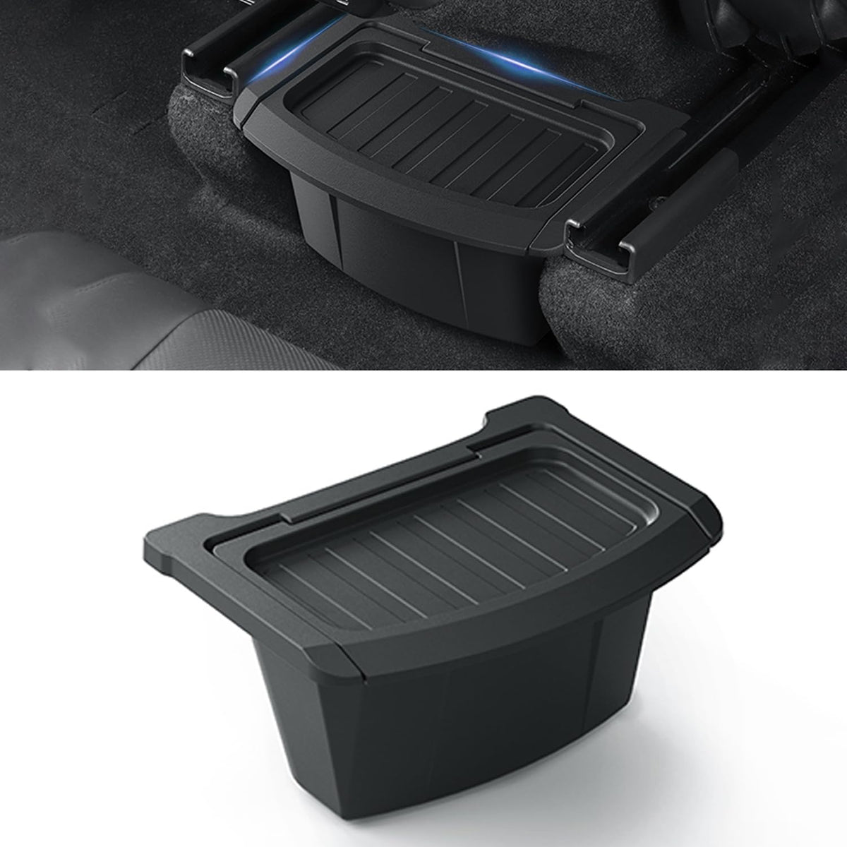 Tesnical rear center storage box for Model Y Juniper, organized space for essentials.