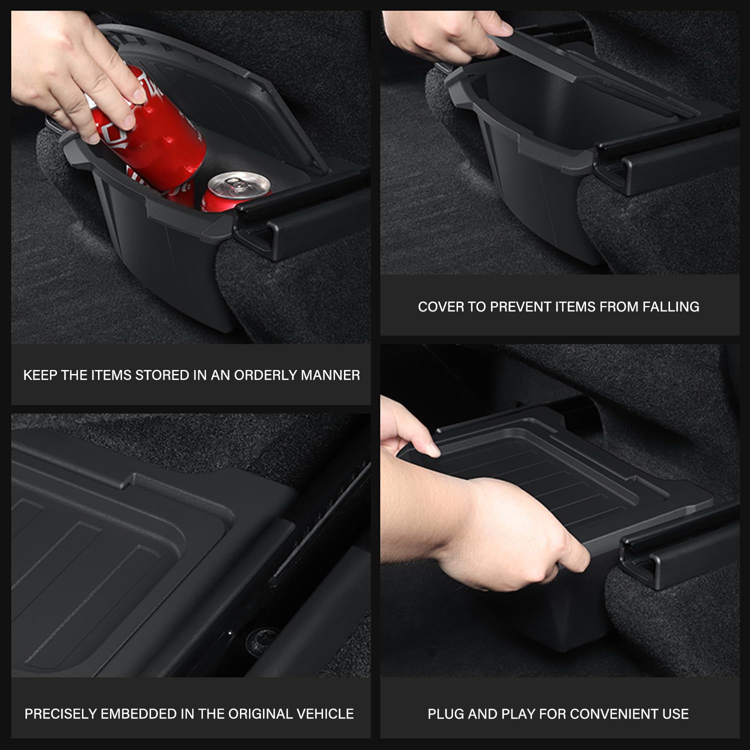 Tesnical internal layout shows organized compartments and charging-friendly surface.