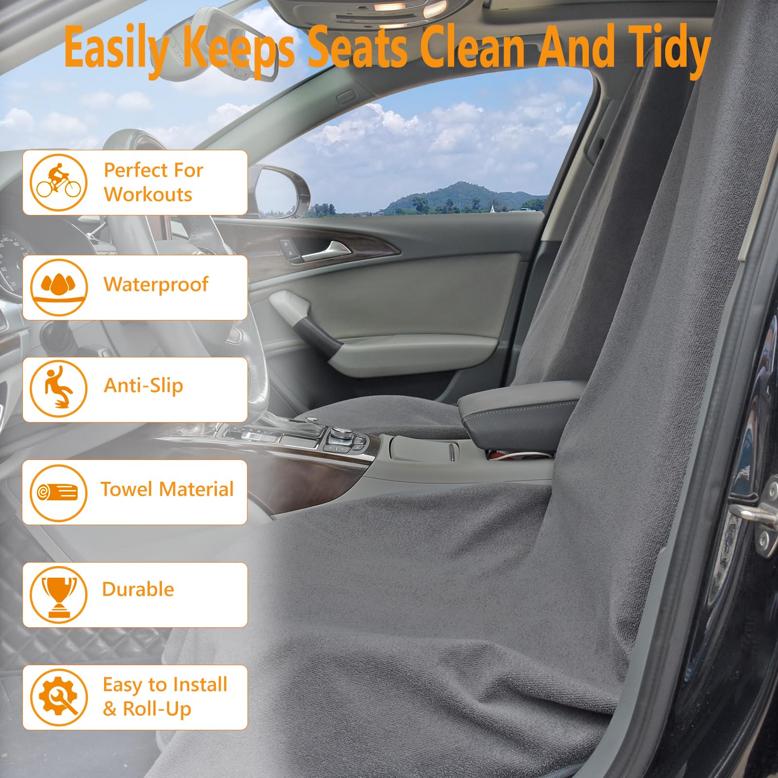 Teuaktty large front-seat cover protects against sweat and spills.