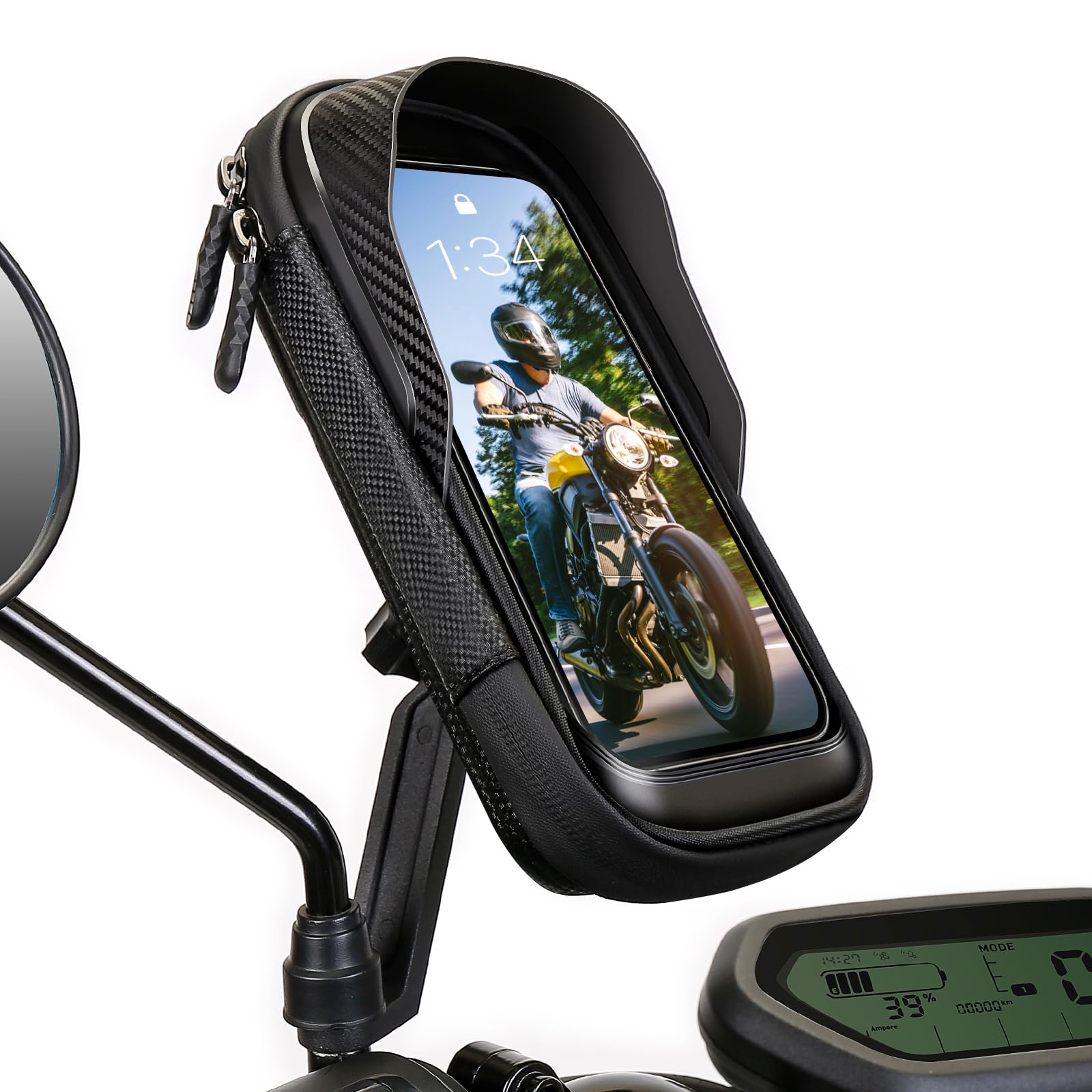 TEUEN motorcycle phone mount with 360° rotation for flexible viewing angles.