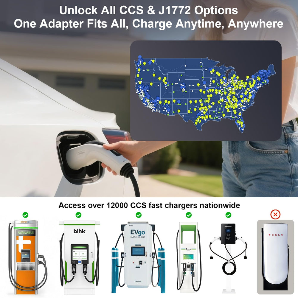 TEVCHARMOVE CCS1-to-Tesla adapter in use at a CCS charger.