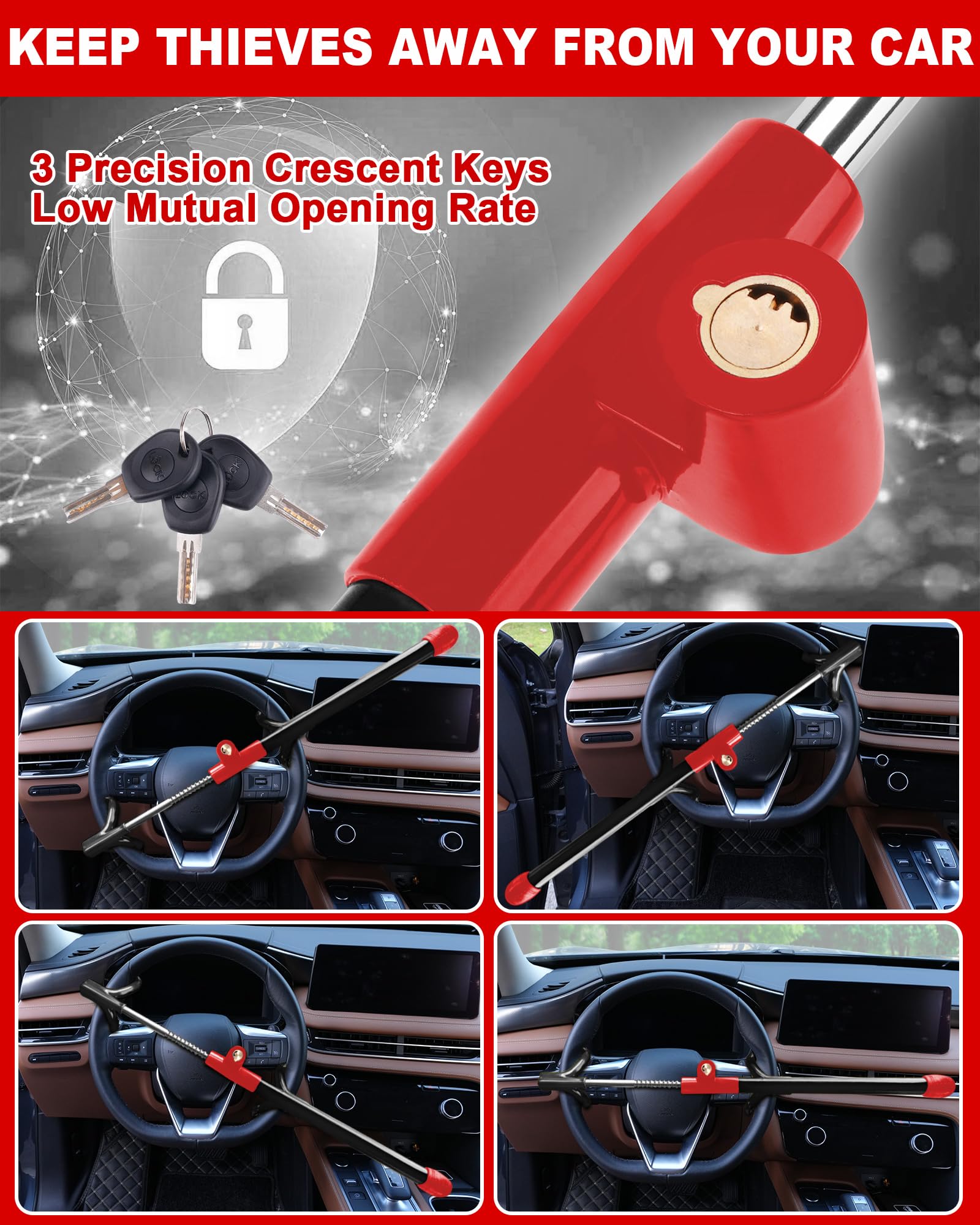 Tevlaphee lock with anti-scratch coating protecting the steering wheel.