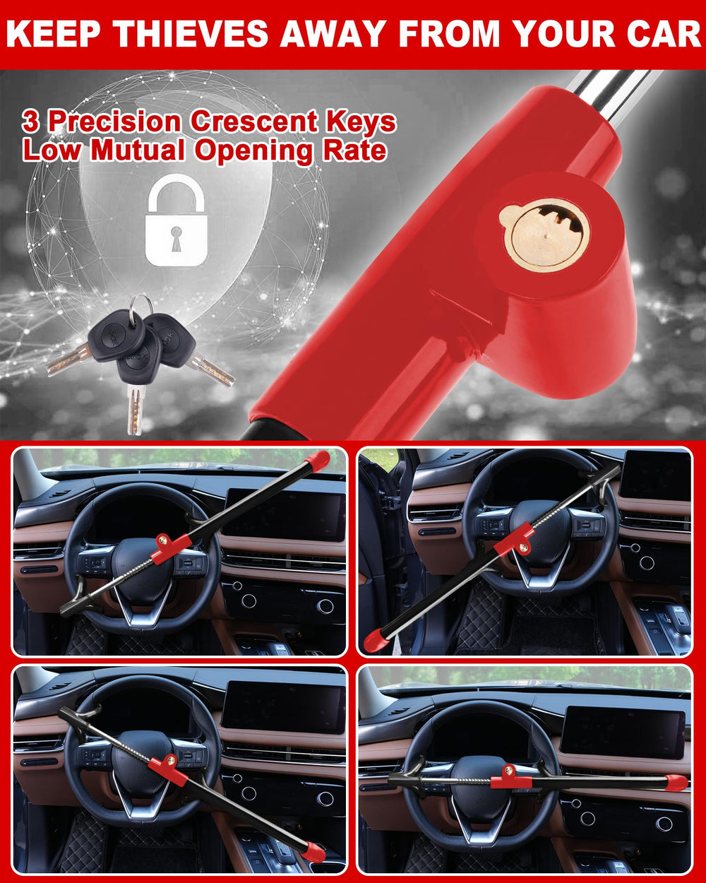 Tevlaphee lock with anti-scratch coating protecting the steering wheel.