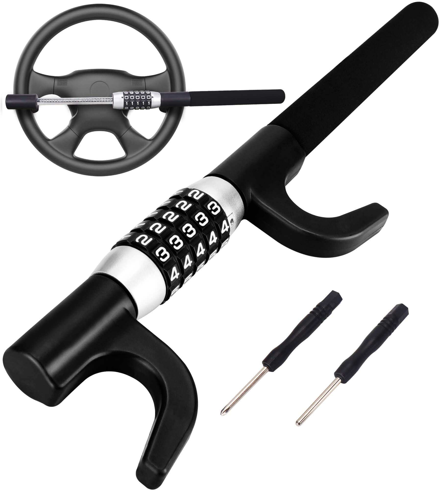 Tevlaphee steering lock extended over wheel for secure parking.